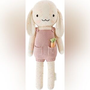 cuddle + kind Harper The Bunny stuffed animal Hand-Knit Doll 13” blush overalls
